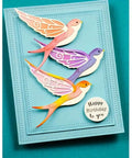Birthday card with colorful birds on blue frame using Six Piece Rectangle Frame Metal Die Cuts Set With Scalloped Stitch Nested Tags.