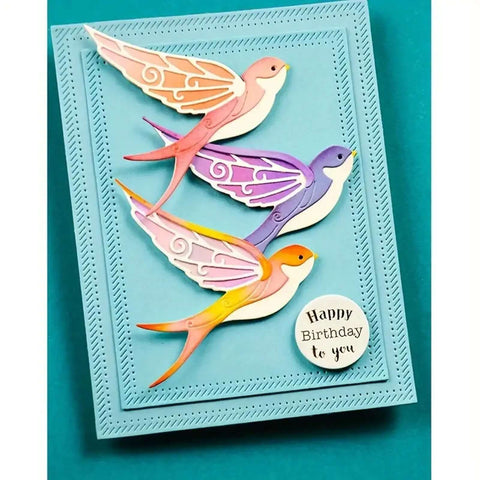 Birthday card with colorful birds on blue frame using Six Piece Rectangle Frame Metal Die Cuts Set With Scalloped Stitch Nested Tags.