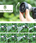 Beefy Heavy Duty 16 Inch Metal Watering Wand With 8 Spray Patterns, Long Hose Sprayer, shown in various spray settings.