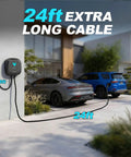 Fast Level 2 EV Charger Wall Mount 9.6KW 40 Amp With NEMA 14-50 Plug 24 Ft J1772 Cord showing a 24ft cord in a garage with two cars.