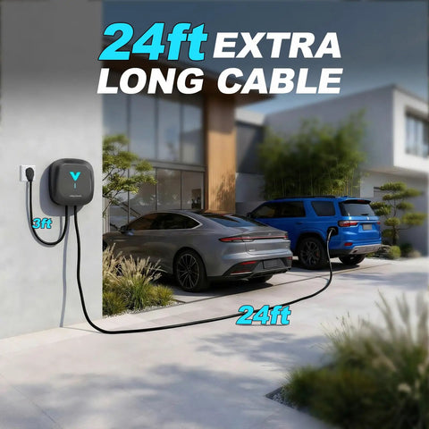Fast Level 2 EV Charger Wall Mount 9.6KW 40 Amp With NEMA 14-50 Plug 24 Ft J1772 Cord showing a 24ft cord in a garage with two cars.