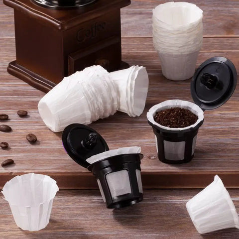Eco Friendly Disposable Paper Coffee Filters For Single Cup Brews Fits All Reusable K Cups No Grounds Flow Smoothly Unbleached Natural Filter Paper 300 Count next to reusable pod with coffee