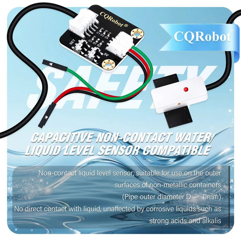Capacitive Non-Contact Liquid Level Sensor For Arduino And Raspberry Pi, showing sensor with indicator light and cables.