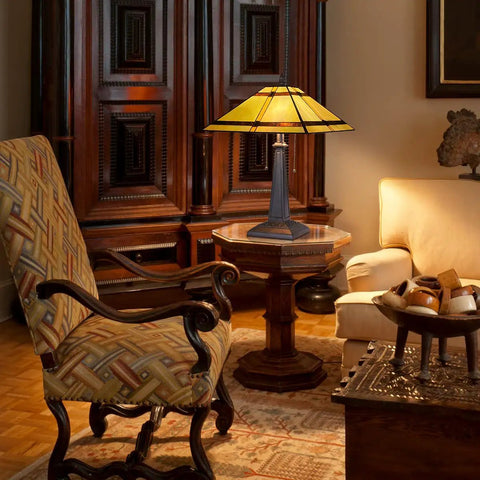 Cream Tiffany Style Table Lamp With 24 Inch Tall, 16 Inch Square Stained Glass Shade on a Mission-style side table.