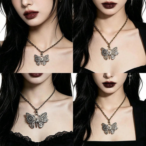 Chic Vintage Punk Butterfly Necklace With Mechanical Gears Alloy Jewelry For Daily Streetwear And Rock Concert Cosplay Look Adjustable Chain Lightweight Design on model with black hair.