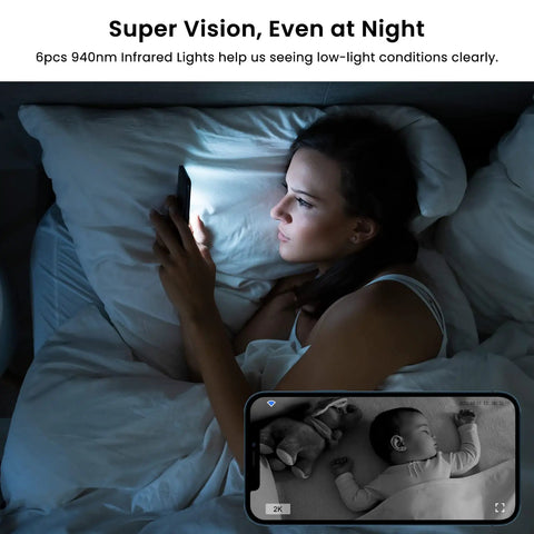 Woman in bed viewing baby on Indoor Home Security Camera 2K With Two Way Audio, Night Vision on smartphone screen.
