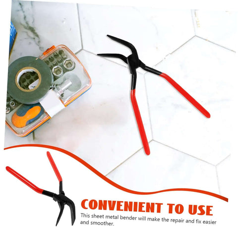 Seam Metal Bender Tool Hand Seamer Pliers with red handles on white tile, shown next to toolbox.