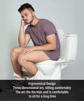 White Soft Close Toilet Seat Featuring Quick Release And Adjustable Top Mount Hinges Smooth Like Silk, man sitting comfortably.