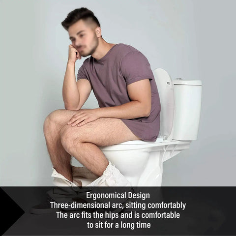White Soft Close Toilet Seat Featuring Quick Release And Adjustable Top Mount Hinges Smooth Like Silk, man sitting comfortably.