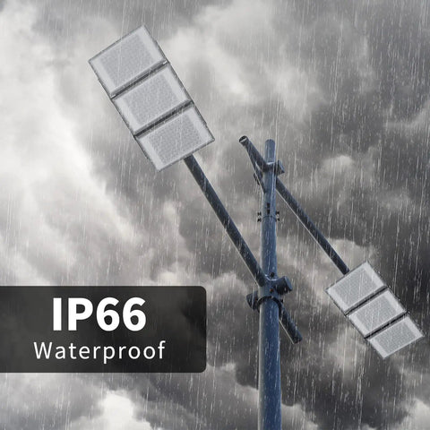Heavy-Duty 600W LED Flood Light, 60,000 Lumen Ultra-Bright Outdoor Security Lighting With Wide Beam shown in rainy weather
