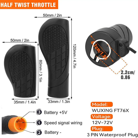 Half Twist Ebike Throttle Grip With Waterproof 3 Pin Plug FT76X For 12V To 72V Motors Built Tough For MTB Conversions Non Slip Rubber Grip With Shock Absorption And Quick Response For E Scooter