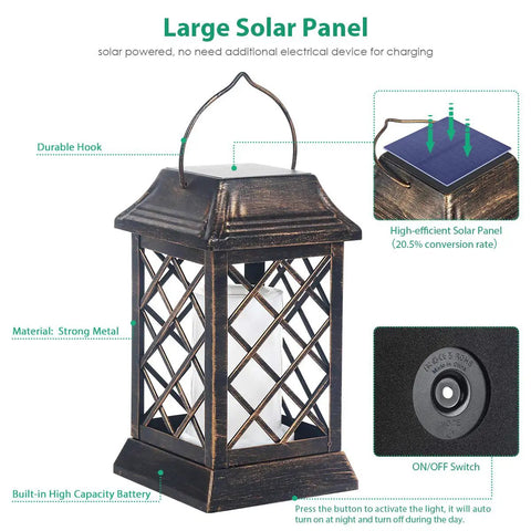 Bronze Solar Lanterns Outdoor Flickering Flame Metal Lanterns 2 Pack Waterproof Hanging Lights for Patio Garden Deck Yard Decor