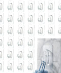 Upgraded Heavy Duty Nano Acrylic Gel Small Clear Adhesive Hooks 36 Pack on tile, showing waterproof use for hanging items.