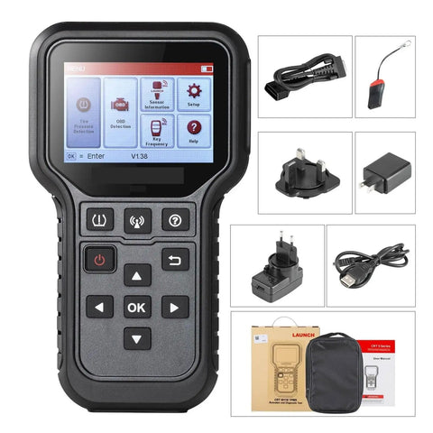 Universal TPMS Relearning Scanner Featuring Slick 315 433 MHz Activation and Easy Programming with screen and accessories.