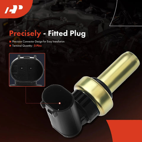 A-Premium coolant temperature sensor, side view: brass cylindrical body with black 2-pin plug connector