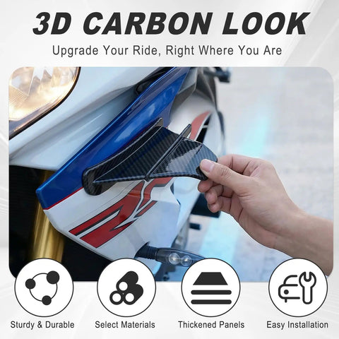 Installing Carbon Fiber Black Motorcycle Winglets, Glossy Self-Adhesive Fairing Wings, for smoother rides and reduced wind noise