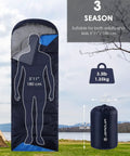 Roomy Three Season Sleeping Bag For Adults And Teens Lightweight Waterproof Cold Weather Camping Gear With Compression Sack Ideal For Hiking Outdoor Travel And Hunting Navy Blue displayed with measurements.