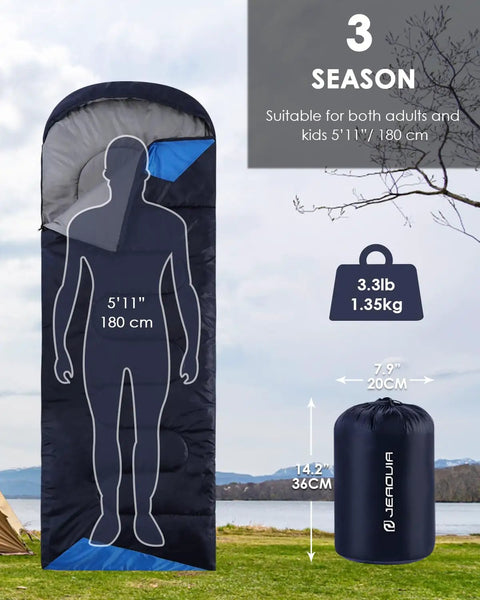Roomy Three Season Sleeping Bag For Adults And Teens Lightweight Waterproof Cold Weather Camping Gear With Compression Sack Ideal For Hiking Outdoor Travel And Hunting Navy Blue displayed with measurements.