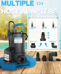 Badass High Power Automatic Pool Cover Pump With 3500 Gph Flow and multiple hose adapters on a wooden surface.