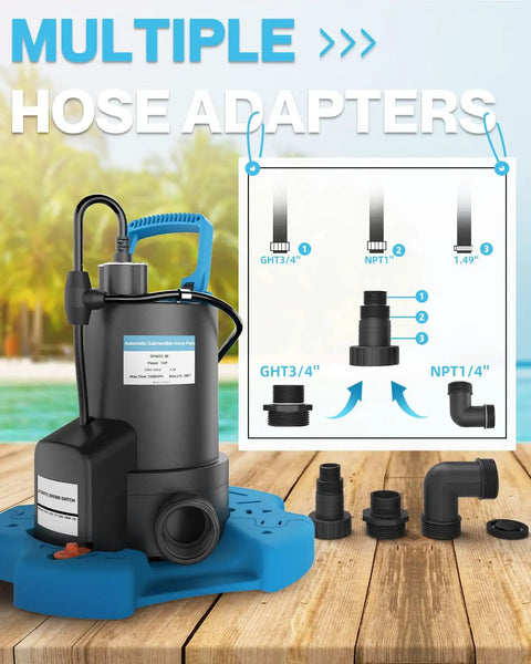 Badass High Power Automatic Pool Cover Pump With 3500 Gph Flow and multiple hose adapters on a wooden surface.