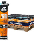 Premium Closed Cell Spray Foam Insulation, 192 Pack Of 27 Oz Cans Covers 3840 Square Feet on wooden pallet.