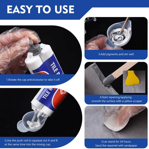 Instructions for using Tile Repair Kit With Color Matching Porcelain Repair Paste For Bathtub Sink Ceramic Marble Granite Quartz And Acrylic To Fix Cracks Chips Holes Scratches Dents And Reattach Missing Pieces Quick And Easy DIY 3.4 Oz