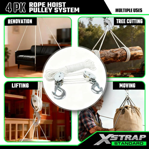 Beefy Heavy Duty 2000 Lb Rope Hoist With 50 Ft Soft Loop Poly Rope, 1000 Lb Load Capacity, shown in various use scenarios.
