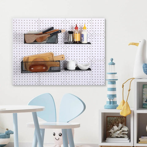 8 Pack Pegboard Baskets And Racks Set Square Style Wire Shelf Baskets mounted on white pegboard.