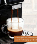 Top Shelf Fully Automatic Espresso Coffee Machine With Built In Milk Cooler And Precision Burr Grinder Featuring A Crisp Touchscreen brewing coffee into a clear glass cup.