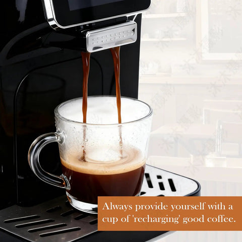 Top Shelf Fully Automatic Espresso Coffee Machine With Built In Milk Cooler And Precision Burr Grinder Featuring A Crisp Touchscreen brewing coffee into a clear glass cup.