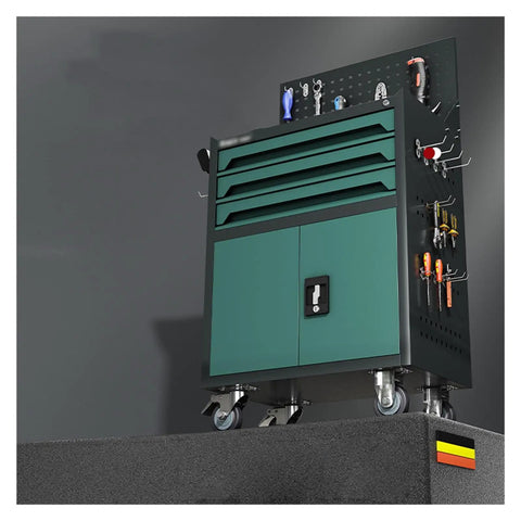 Heavy Duty 3 Drawer Rolling Tool Chest With Locking Cabinet 2 in 1 Metal Storage Cart On Wheels For Garage Workshop And Warehouse Green Sturdy Cold Rolled Steel Large Capacity Organizer, front view with side tool rack