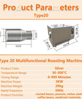 Type 20 Multifunctional Roasting Machine parameters, dimensions 79x30x48cm, silver, for nuts and coffee beans.