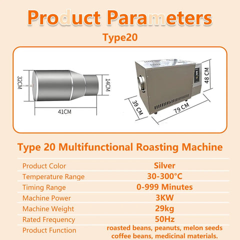 Type 20 Multifunctional Roasting Machine in silver, displaying dimensions and features for easy roasting of nuts and beans.