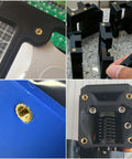 Pro Grade Heat Set Thread Insert Tool Kit for M2 to M8 in use with black and blue 3D printed components and brass inserts.