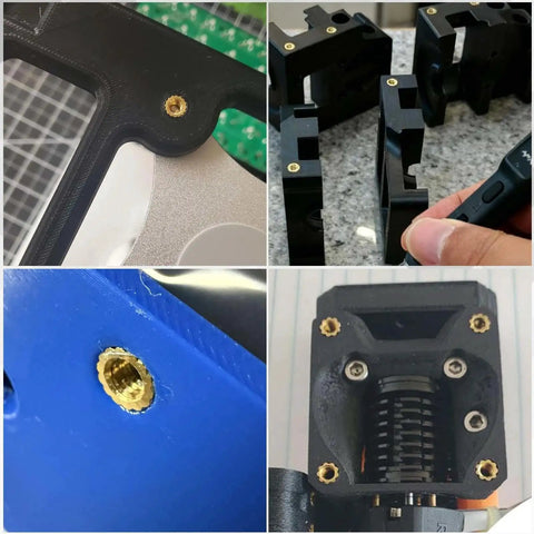 Pro Grade Heat Set Thread Insert Tool Kit for M2 to M8 in use with black and blue 3D printed components and brass inserts.