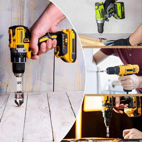 5 Piece Countersink Drill Bit Set With 82 Degree 5 Flute HSS Bits And Quick Change Hex Shank for various materials, shown in use