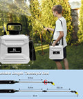 Boy using Battery Powered Garden Sprayer 1.35 Gallon Backpack With Three Mist Nozzles, Retractable Wand, Adjustable Shoulder Strap, USB Rechargeable Battery, Extended Run Time For Weed Control, Lawn Care And Yard Gardening in a backyard, showing adjustable wand and sprayer dimensions.