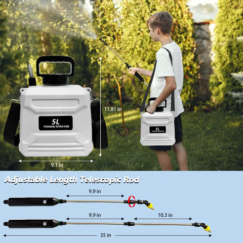 Boy using Battery Powered Garden Sprayer 1.35 Gallon Backpack With Three Mist Nozzles, Retractable Wand, Adjustable Shoulder Strap, USB Rechargeable Battery, Extended Run Time For Weed Control, Lawn Care And Yard Gardening in a backyard, showing adjustable wand and sprayer dimensions.