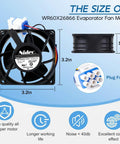 Upgraded WR60X26866 Refrigerator Evaporator Fan Motor Replacement with ABS housing, 3.2x3.2x1.5in dimensions, plug front view