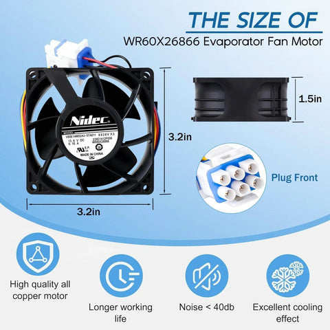 Upgraded WR60X26866 Refrigerator Evaporator Fan Motor Replacement with ABS housing, 3.2x3.2x1.5in dimensions, plug front view