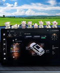 Front view: Amazon 8-piece cow dashboard ornaments on car dash above the touchscreen display