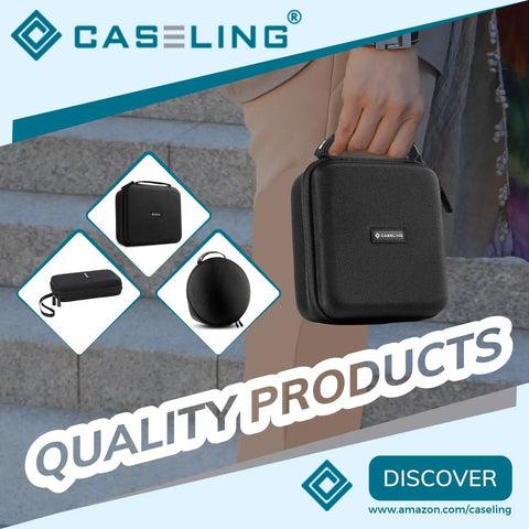 Person holding Howard Leight Impact Sport Earmuffs Hard Case EVA Protective Travel Storage on stairs.