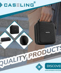 Person holding hard EVA travel case for Howard Leight Impact Sport earmuffs and Genesis safety glasses, rugged design.