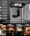 Top Notch Fully Automatic Espresso Machine With Smart Tft Display And One Touch Programs Featuring Dual Boiler Extraction Plus Quick Auto Milk Frother For No Stress Cafe Sips At Home Or Office smart panel showing coffee options and drinks.