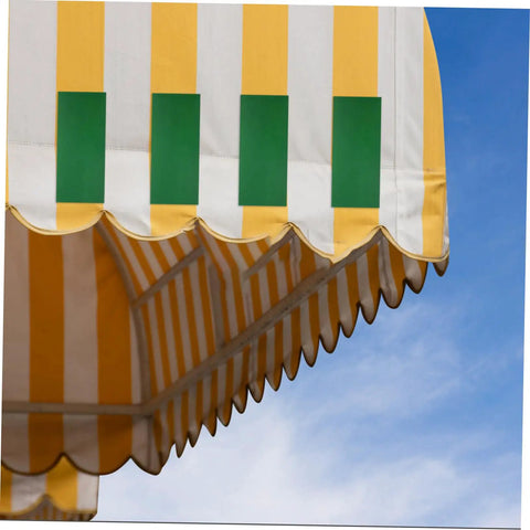 Colorful striped awning on a bright day, suitable for Heavy Duty RV Repair Tape For Awnings Canopies Tarp Sail Tent Trampoline Quick Fix Rainproof Flexible Self Adhesive Repair Tape Waterproof Industrial Strength For Long Lasting Repairs And Quick Fixes.