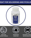 Pro Grade 7 Ounce Soldering Flux With 4 Piece Pixiss Scratch Brush Pen Set, highlighting soldering benefits.