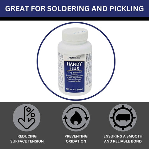 Pro Grade 7 Ounce Soldering Flux With 4 Piece Pixiss Scratch Brush Pen Set, highlighting soldering benefits.
