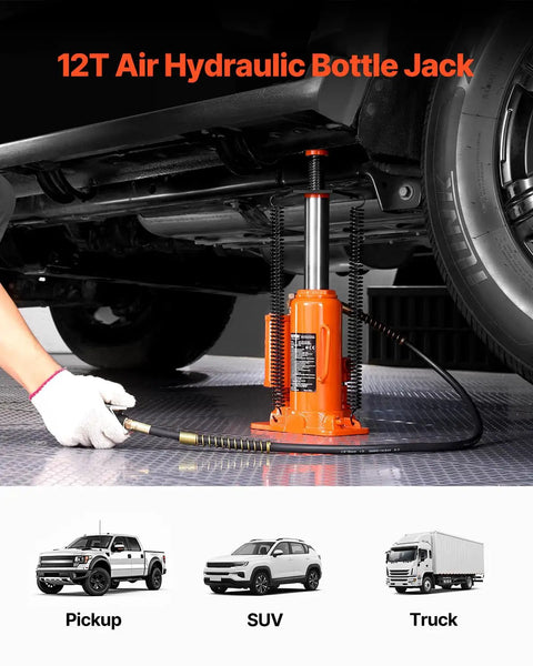 Beefy Air Hydraulic Bottle Jack Two In One Pneumatic And Hydraulic 12 Ton Lift Range 10.43 To 19.88 Inches lifting an SUV