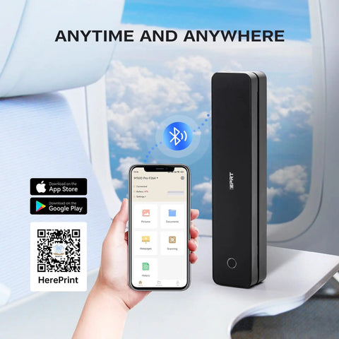 Game Changing Portable Bluetooth Printer With No Hassle Inkless Thermal Tech For Dang Quick US Letter Paper High Speed 300Dpi Imaging black printer next to smartphone in airplane setting.