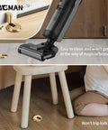 No Fuss Adjustable Bottom Door Stopper With Slick Brushed Gold Finish No Drill Setup, shown with vacuum near floor, child seated.
